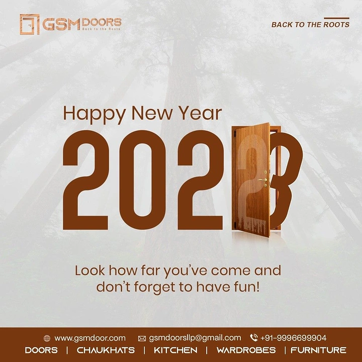 New Year creative ad: 2023 with a wooden door opening as the final digit