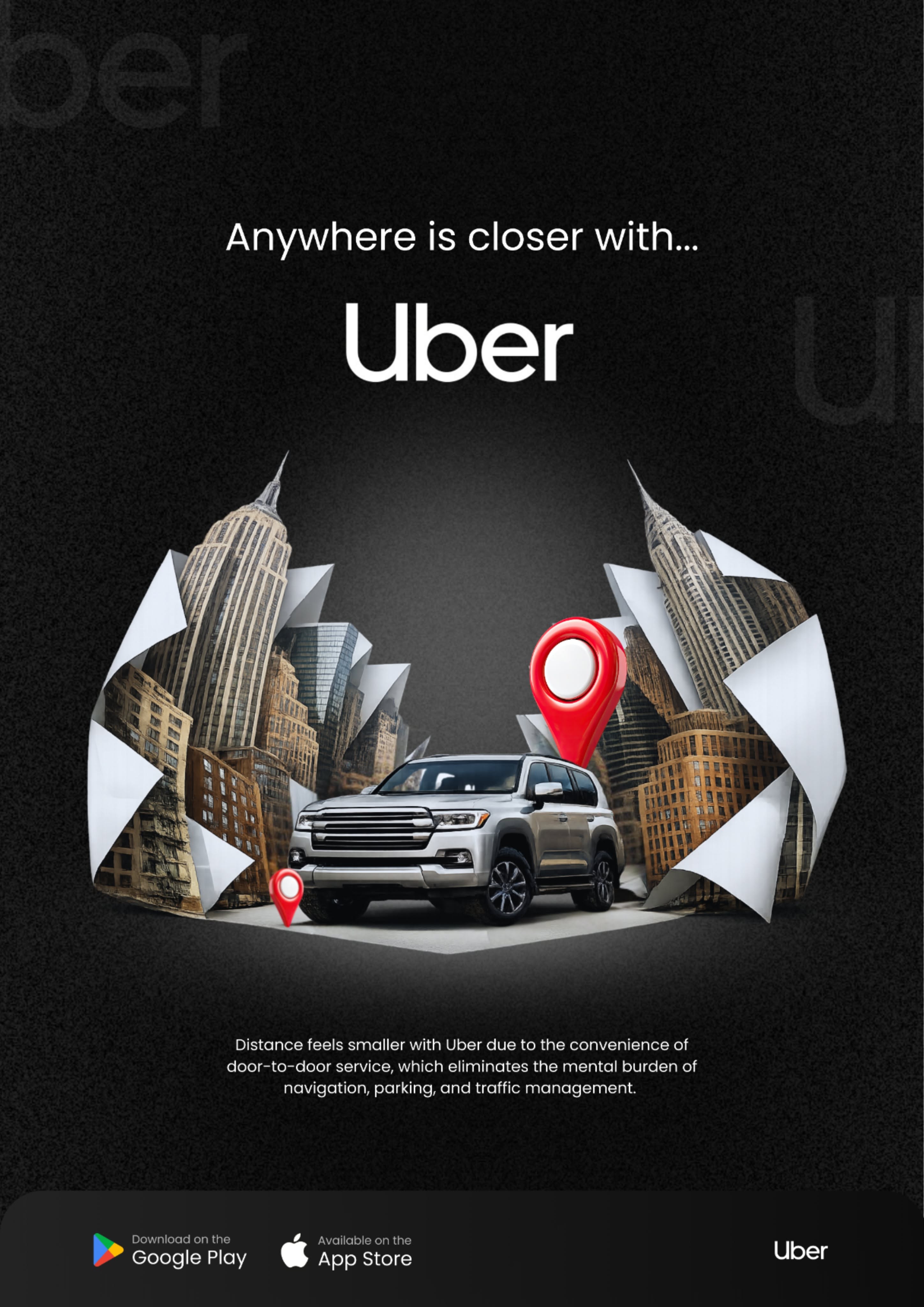 Story: City landmarks fold around the Uber car