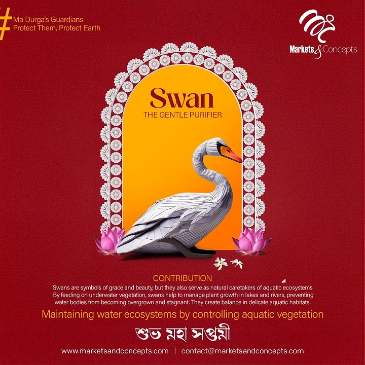 Durga Puja creative ad: Faceted white paper-craft swan inside a floral arch
