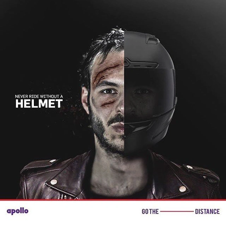 Helmets & Riding Gear creative ad: Split-face helmet protection metaphor