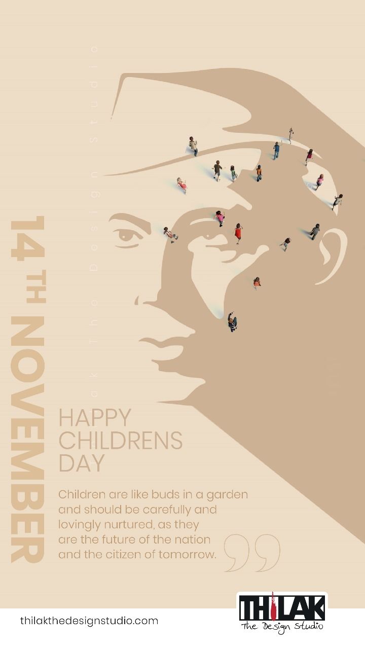 Nehru profile silhouette with tiny children walking across it