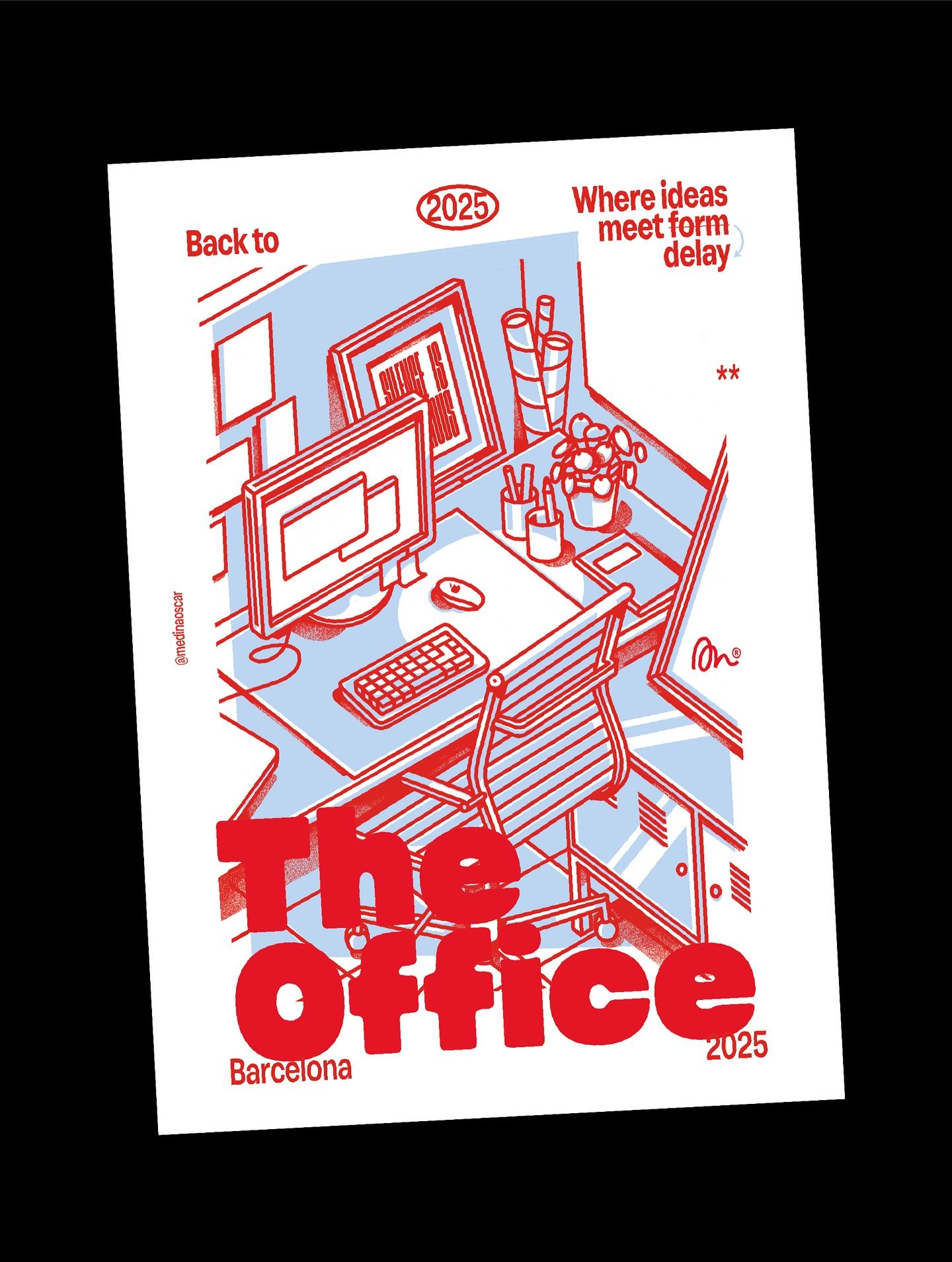 Poster: Isometric red line illustration of an office desk