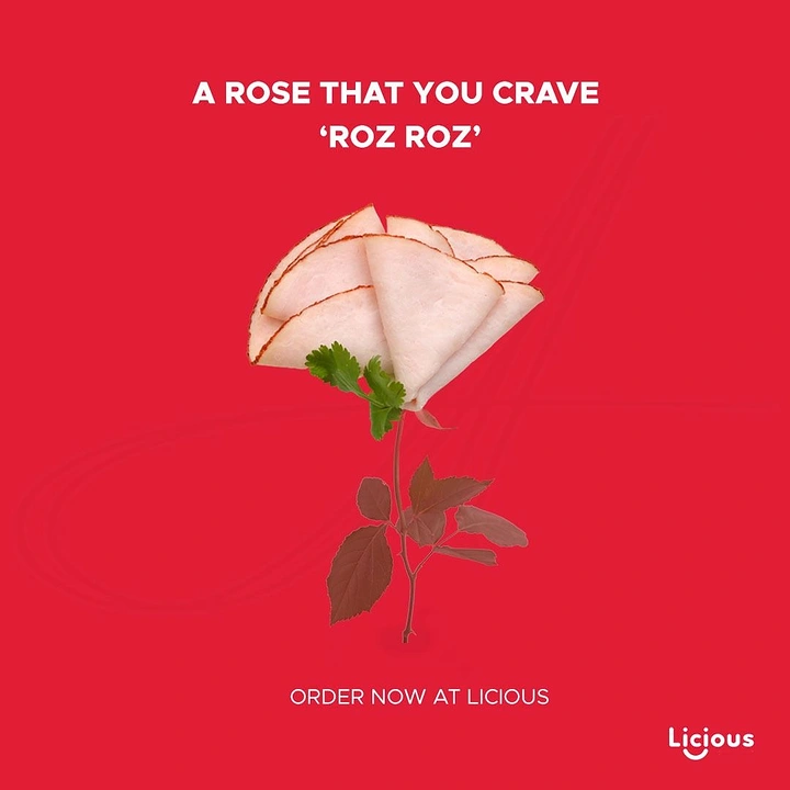 Valentine's Day creative ad: Rose made of folded deli meat slices on a leafy stem