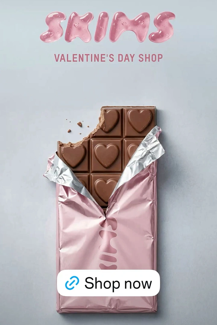 Valentine's Day creative ad: Bitten heart chocolate bar in a torn pink foil wrapper