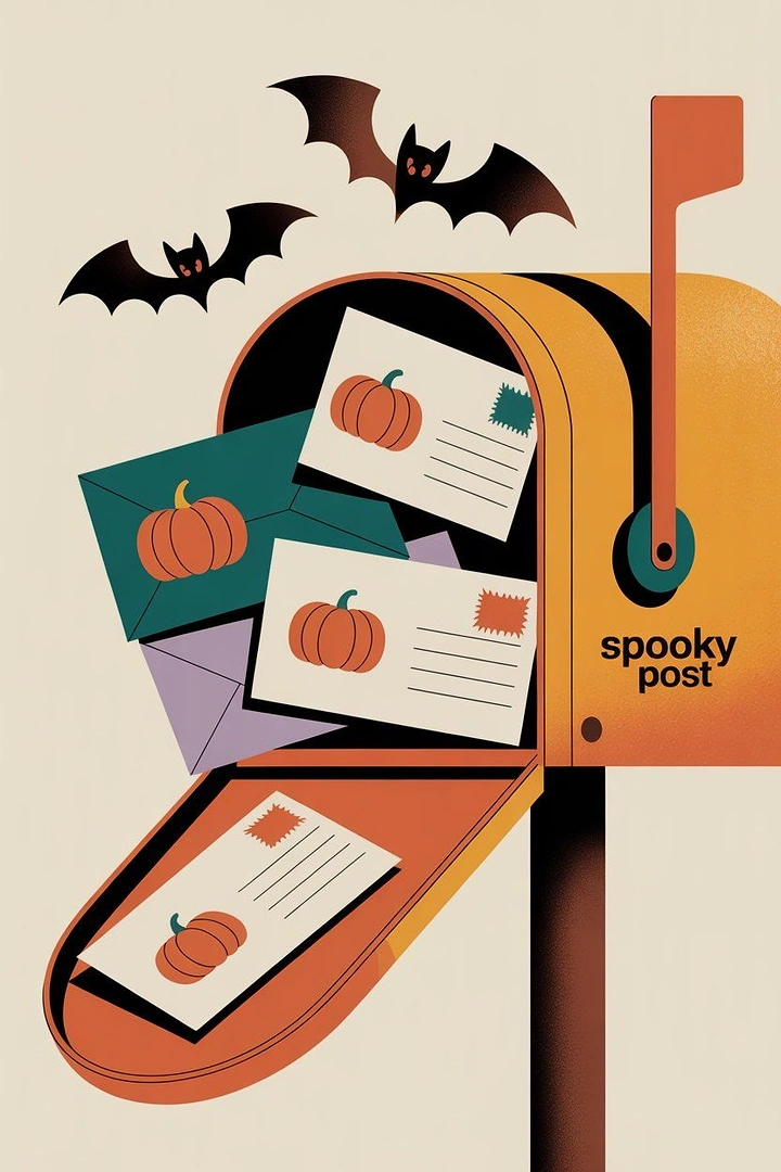 Halloween creative ad: Open orange mailbox overflowing with pumpkin-stamped letters