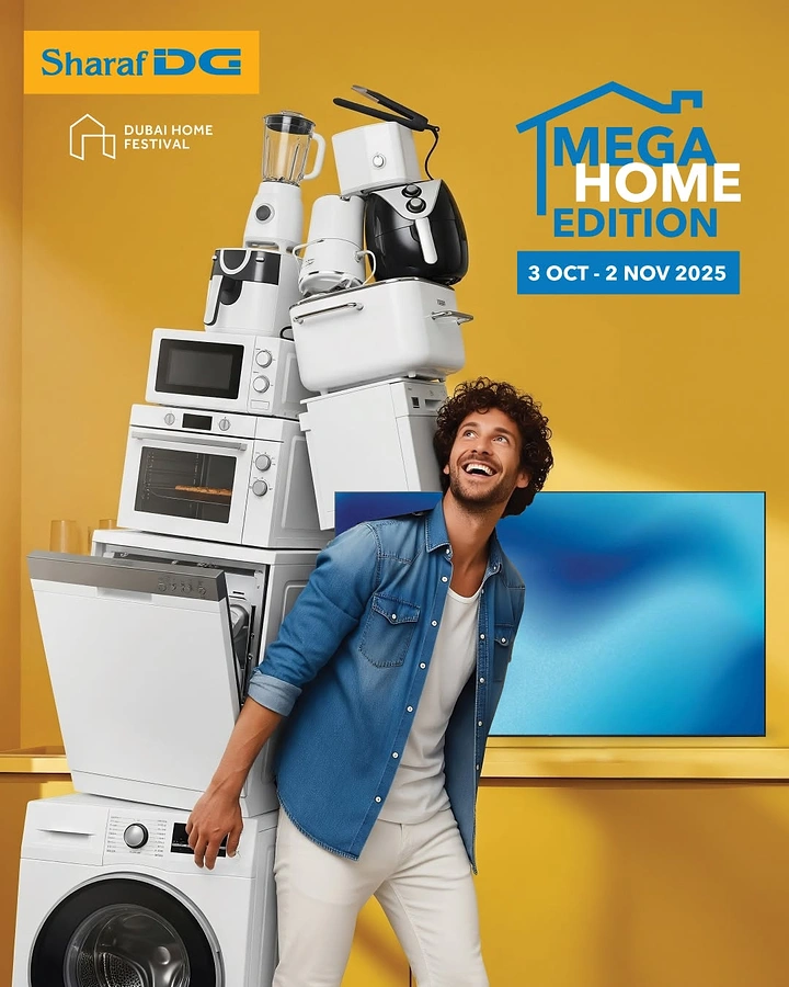 Home Appliances creative ad: Man carrying towering appliance stack