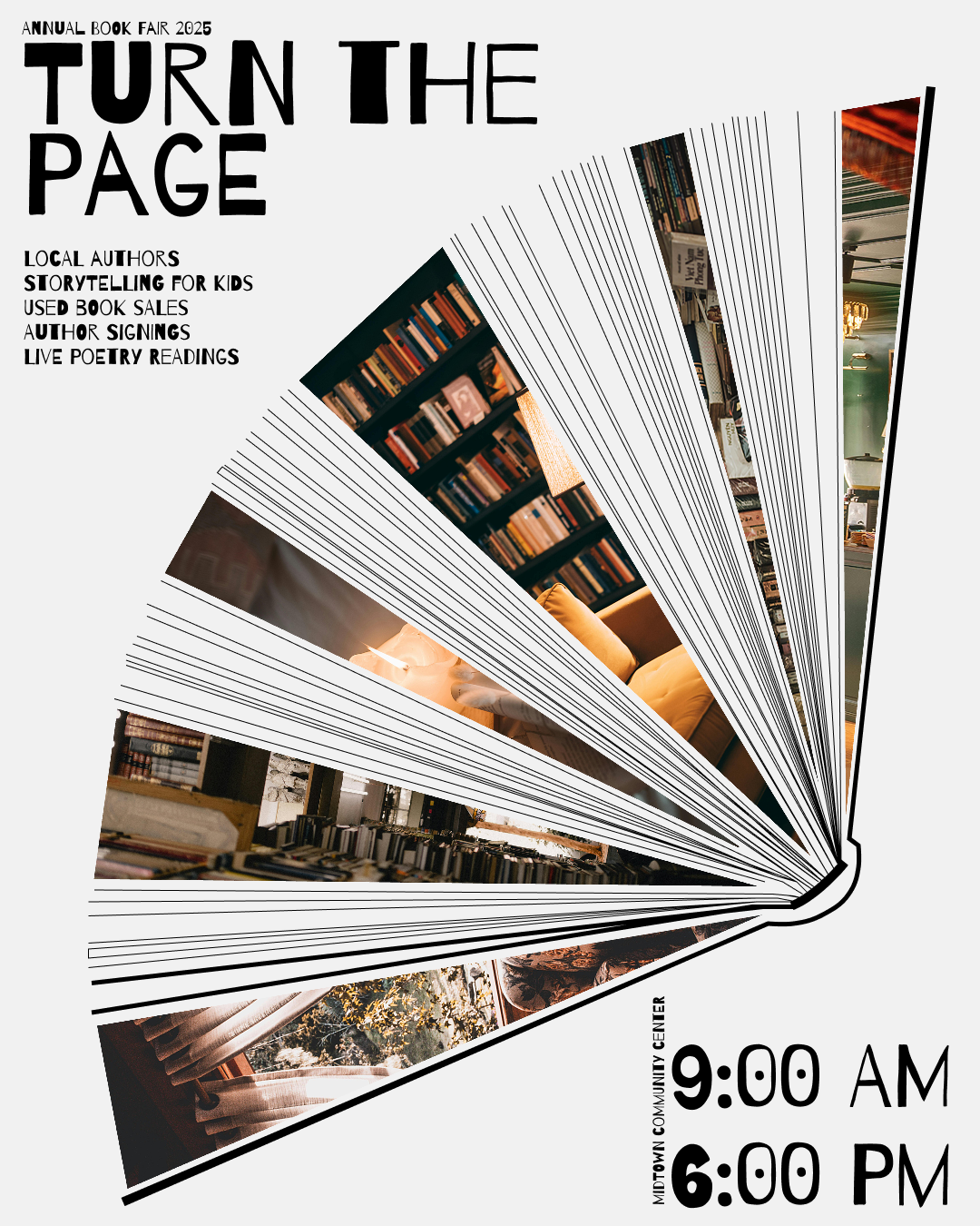 Fanned book pages reveal bookstore photos