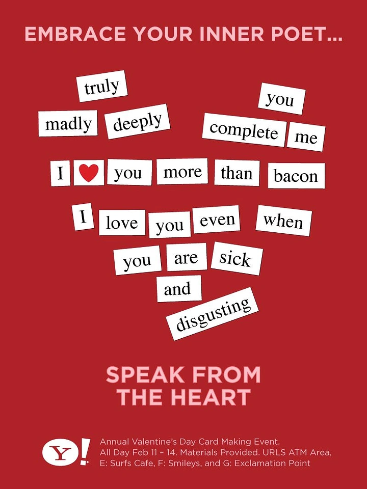 Valentine's Day creative ad: Magnetic-poetry word tiles arranged in a heart shape