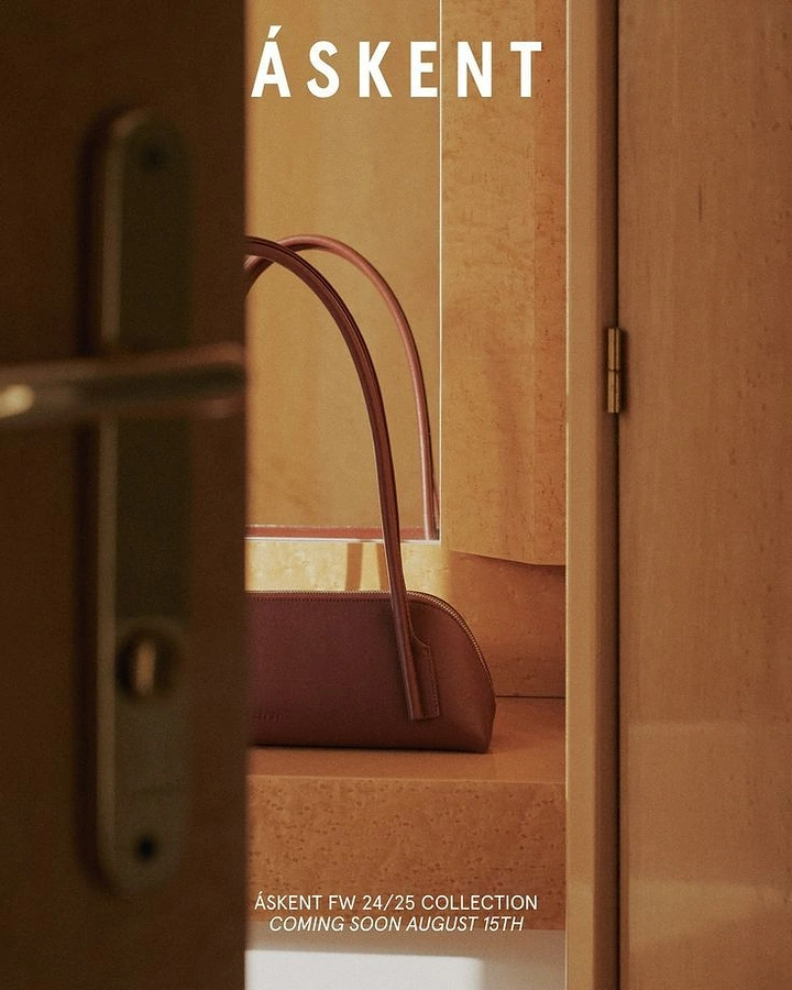 Creative ad: Rust leather baguette bag on a burl-wood vanity seen through a door gap