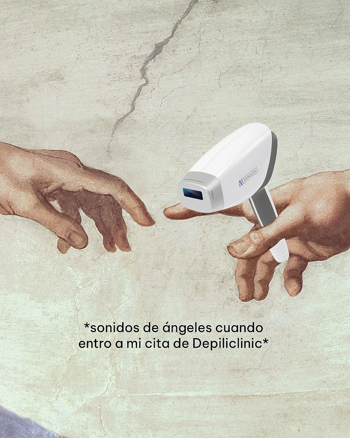 Skin & Cosmetic Clinics creative ad: Michelangelo's Creation of Adam hands with God's hand holding a laser hair-removal handpiece