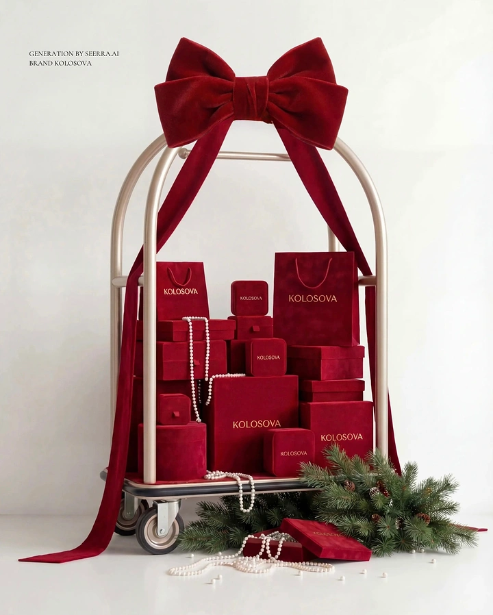 Christmas creative ad: Luggage cart stacked with red velvet jewelry boxes under a giant bow