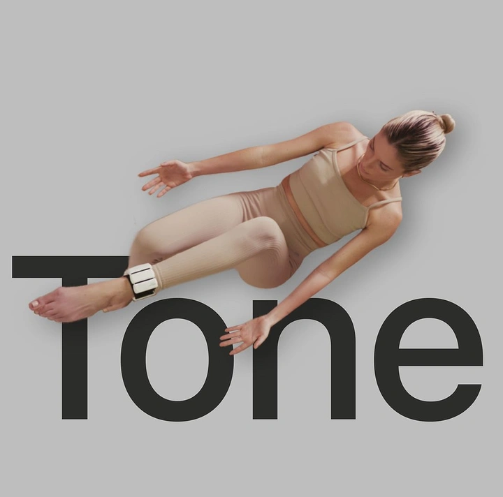 Sports Goods Stores creative ad: Woman in beige activewear wearing an ankle weight, shown mid-movement from above