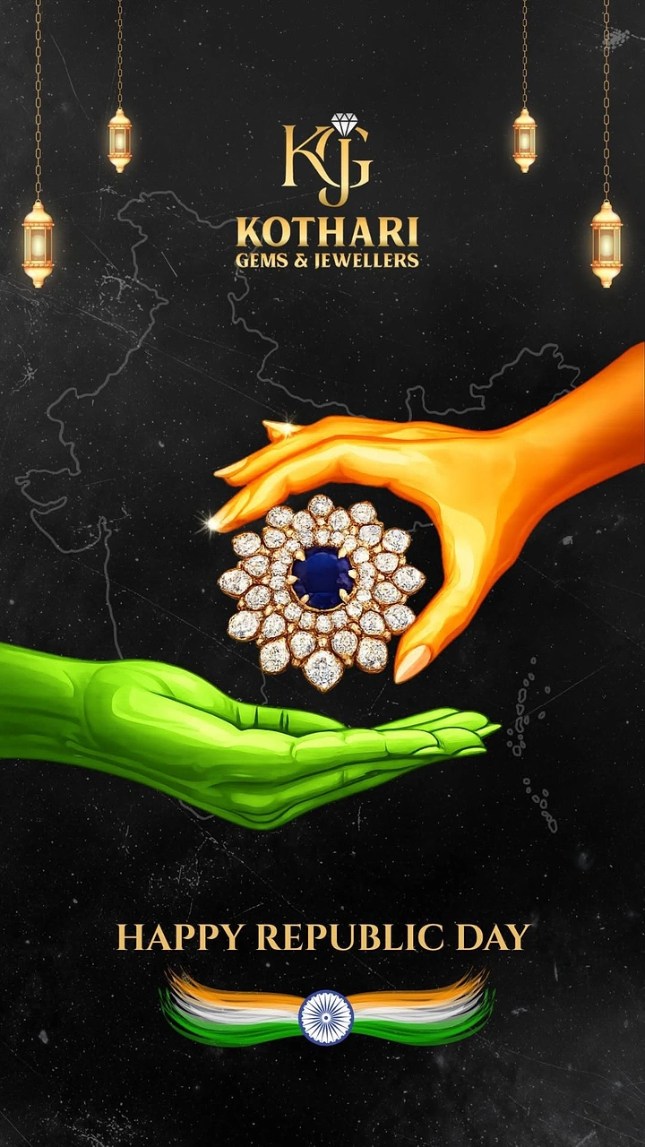 Republic Day creative ad: Saffron and green hands holding a sapphire and diamond cocktail ring