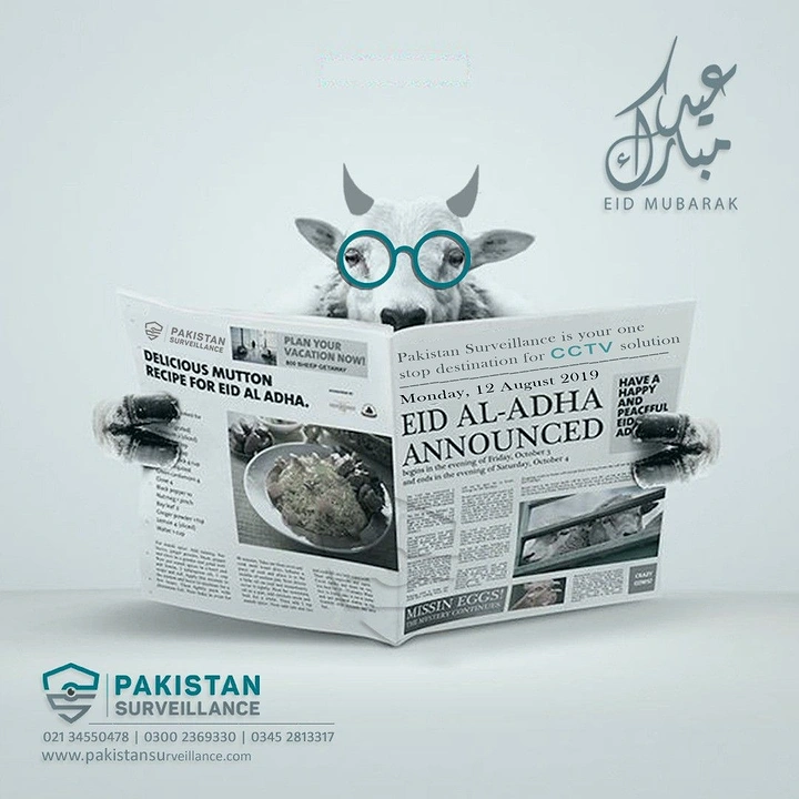 Eid creative ad: Goat in teal round glasses reading a newspaper