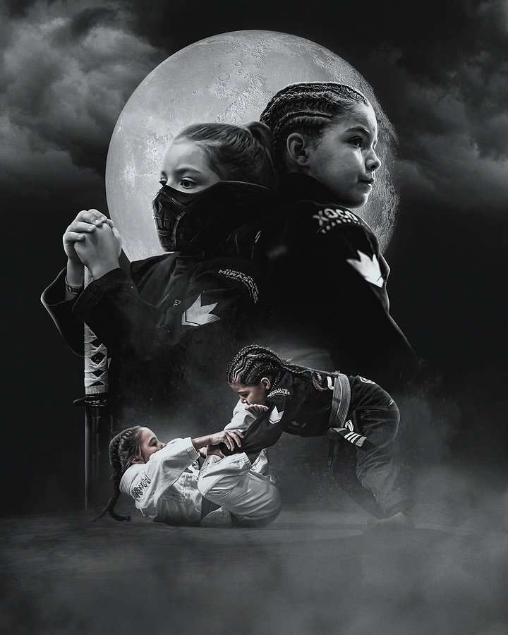 Martial Arts Academies creative ad: Two young girl jiu-jitsu athletes as portraits and grappling action