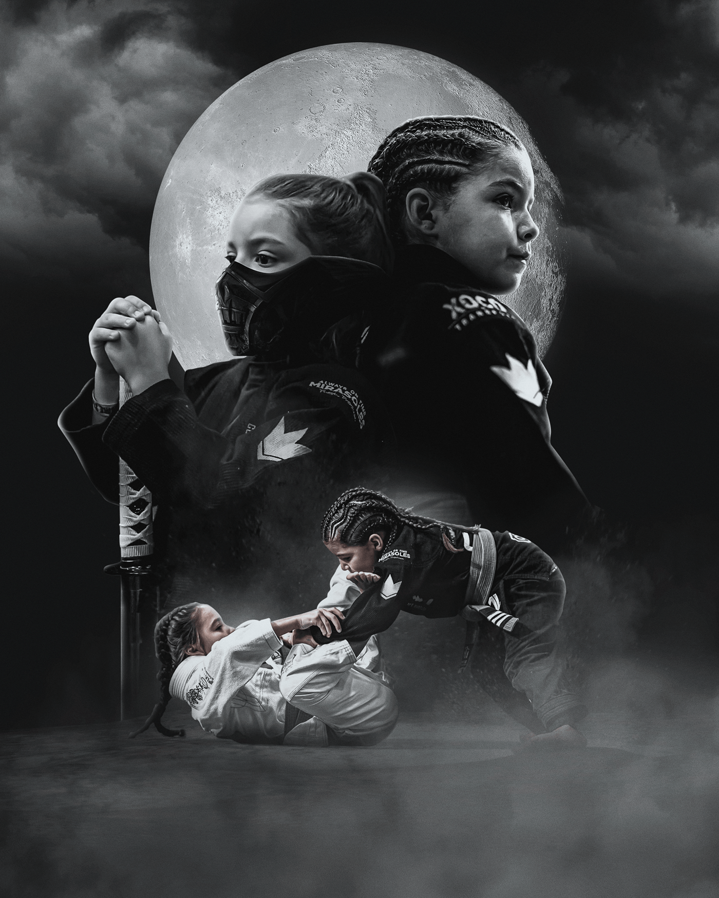 Instagram post: Two young girl jiu-jitsu athletes as portraits and grappling action