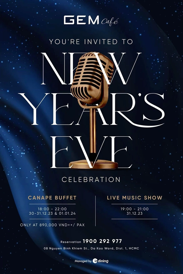 New Year creative ad: Gold vintage microphone woven through giant serif headline