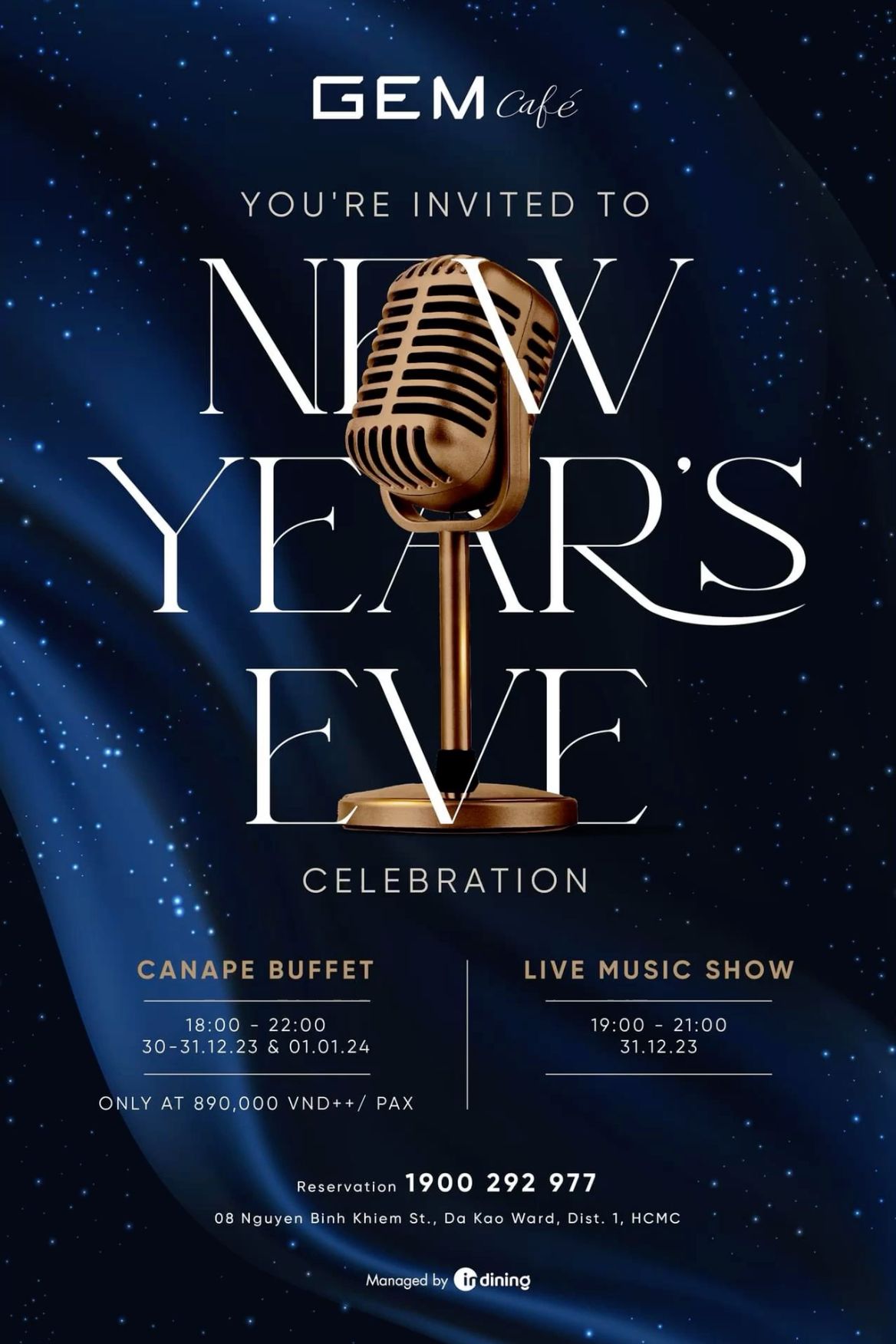 New Year Poster: Gold vintage microphone woven through giant serif headline