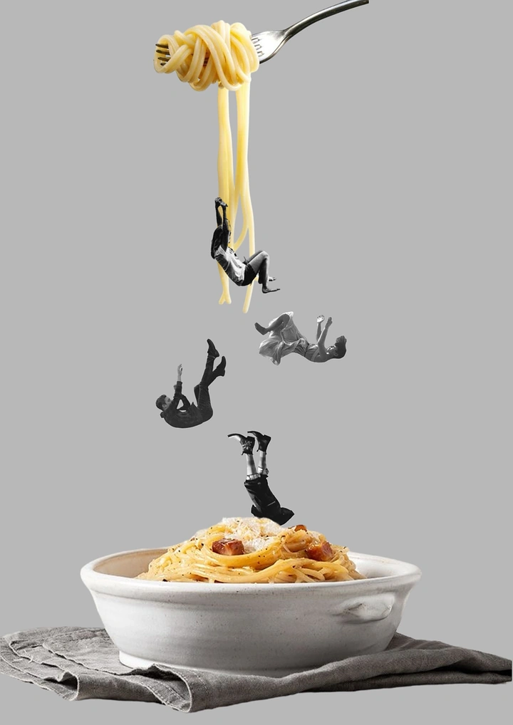 Instant Noodles & Pasta Brands creative ad: Surreal spaghetti lifting tiny figures