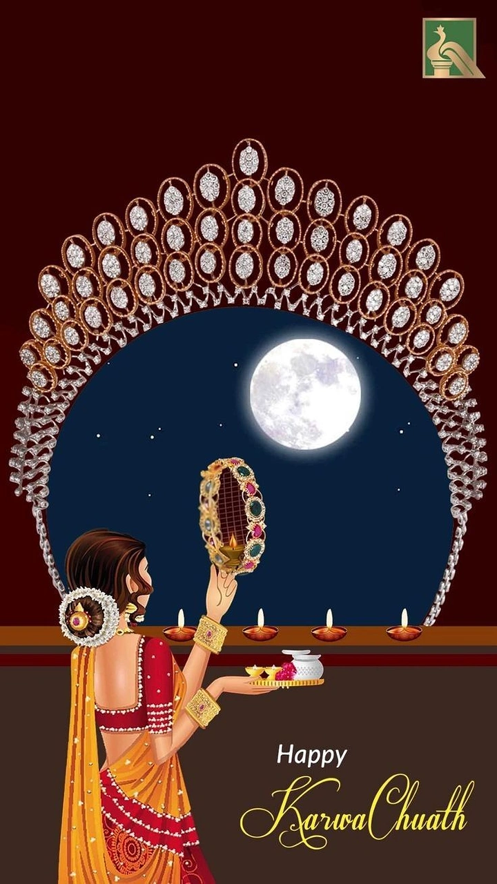 Karwa Chauth creative ad: Illustrated woman raising a jewelled sieve toward the moon inside a diamond necklace arch