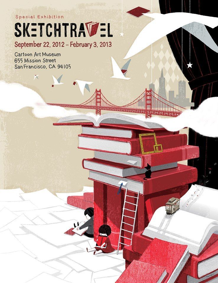 Poster: Surreal red book architecture carrying a cityscape and travelers