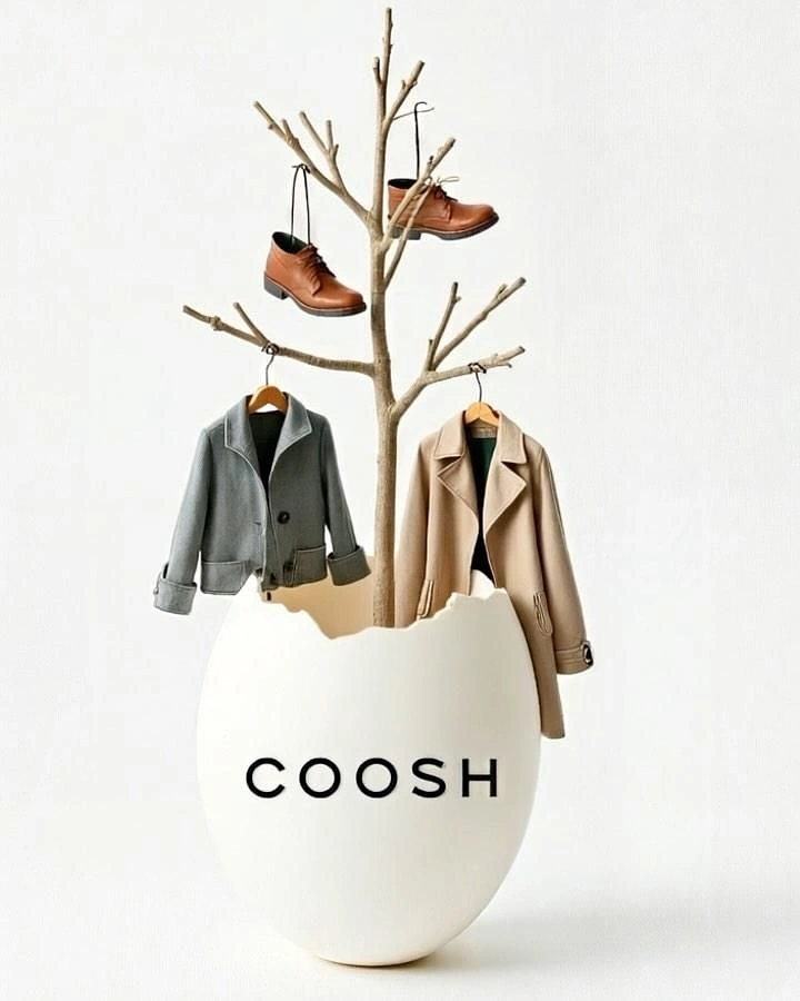 Easter creative ad: Cracked white egg with a bare branch sprouting coats and shoes