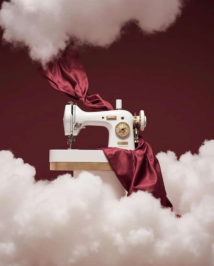 Tailors & Alterations creative ad: Sewing machine floating on clouds, surreal