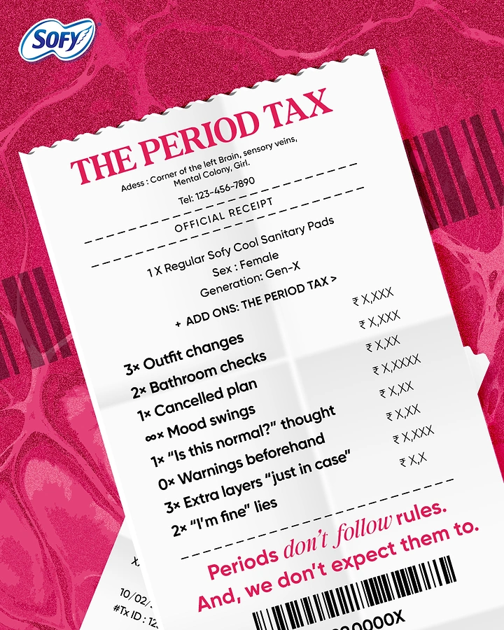 Period Care & Feminine Hygiene creative ad: Tilted shop receipt listing period 'add-on' costs