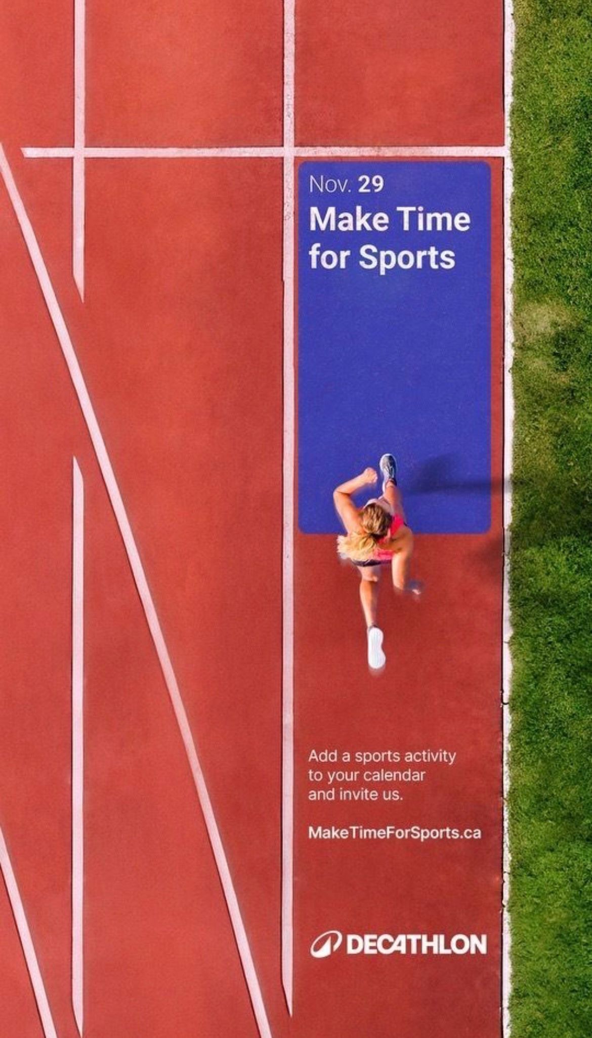 Story: Top-down aerial of a female runner on a red athletics track