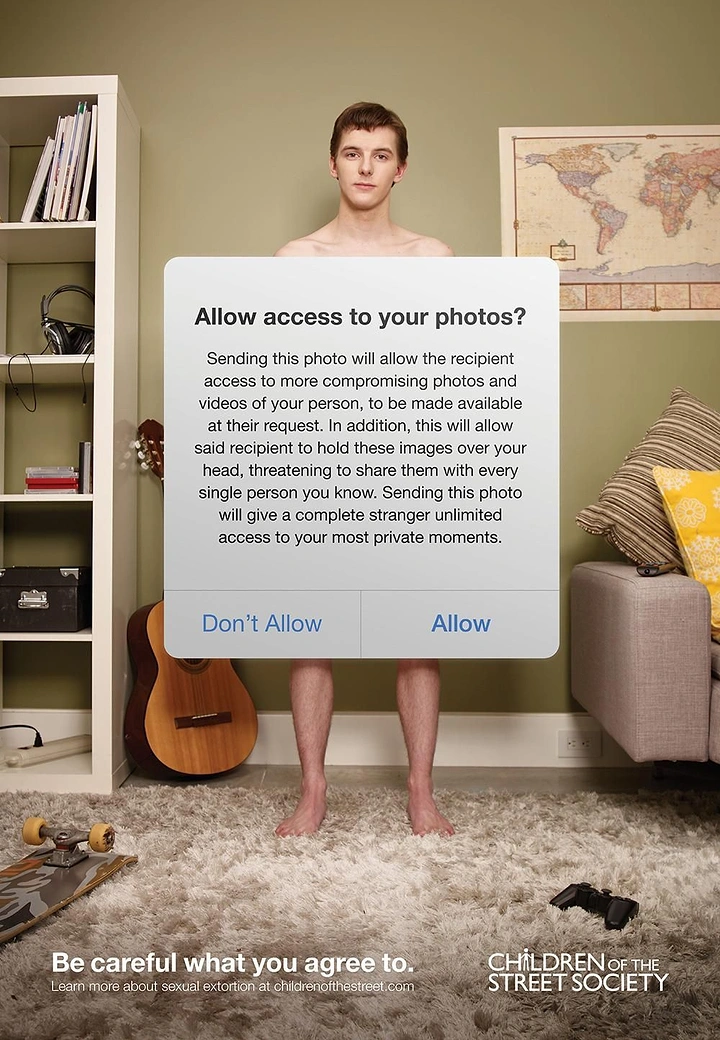 Nonprofit & Social Cause creative ad: Undressed teenage boy in a bedroom, his body covered by an oversized phone dialog box