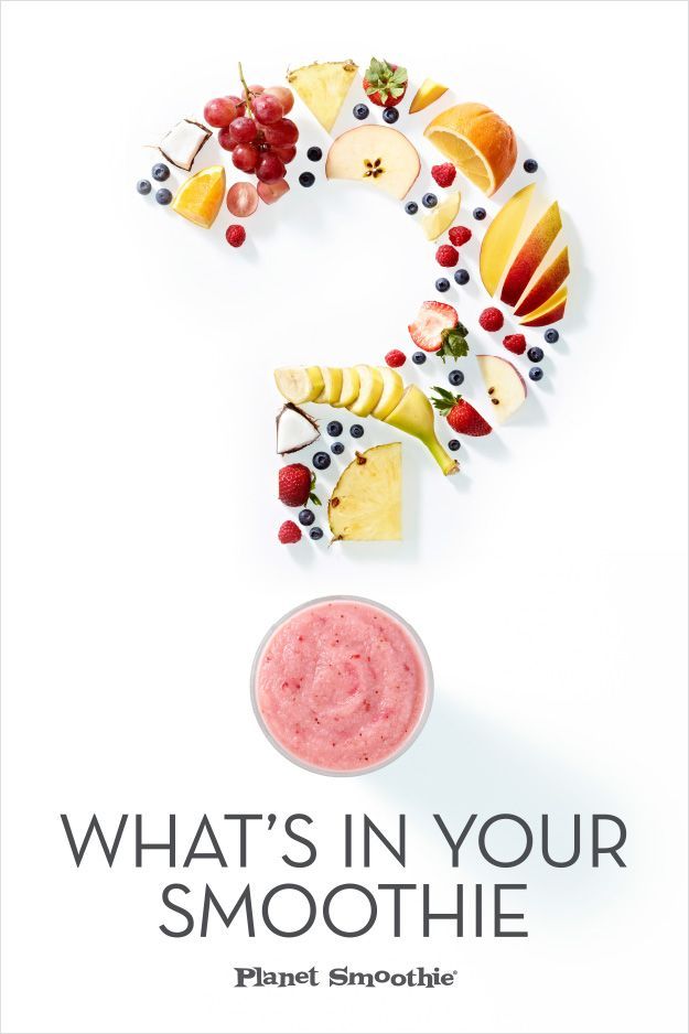 Poster: Fruit pieces arranged into a question mark over a smoothie cup acting as the dot
