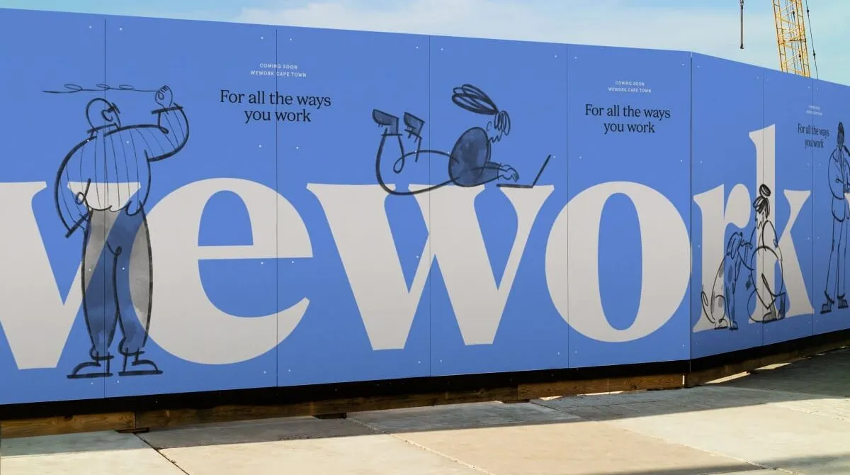 Banner: Construction hoarding with giant wordmark and sketchy people illustrations