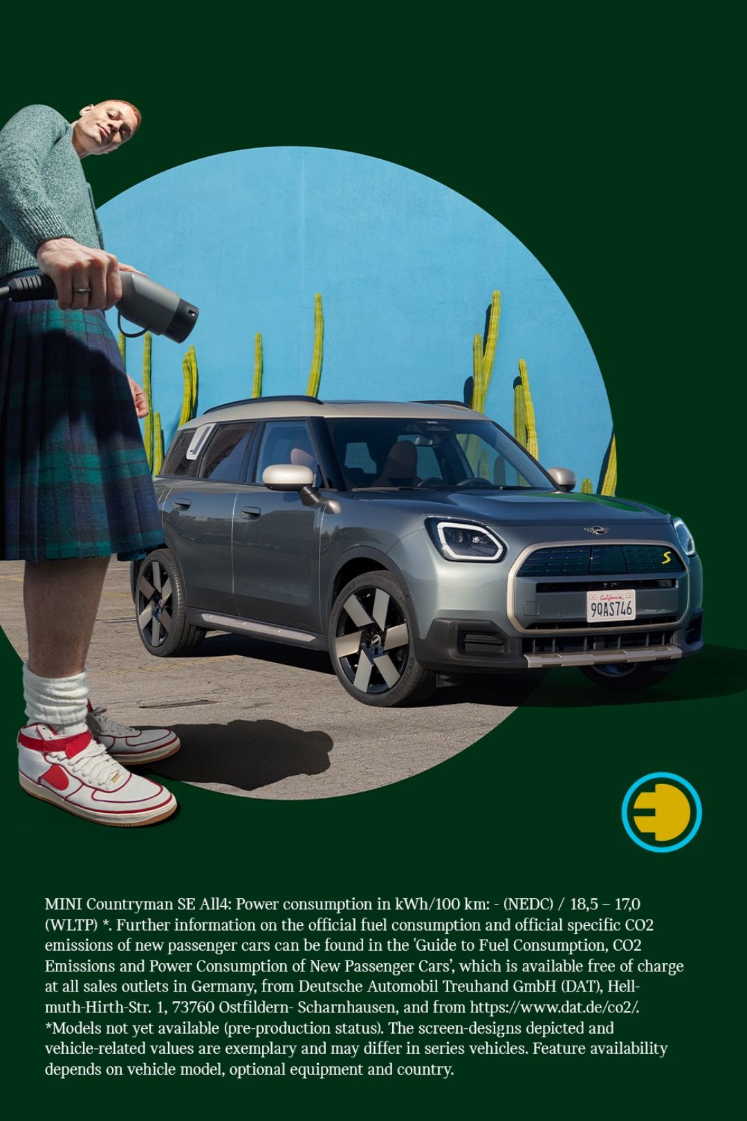 Instagram post: Man in a kilt holding an EV charger beside a grey compact SUV