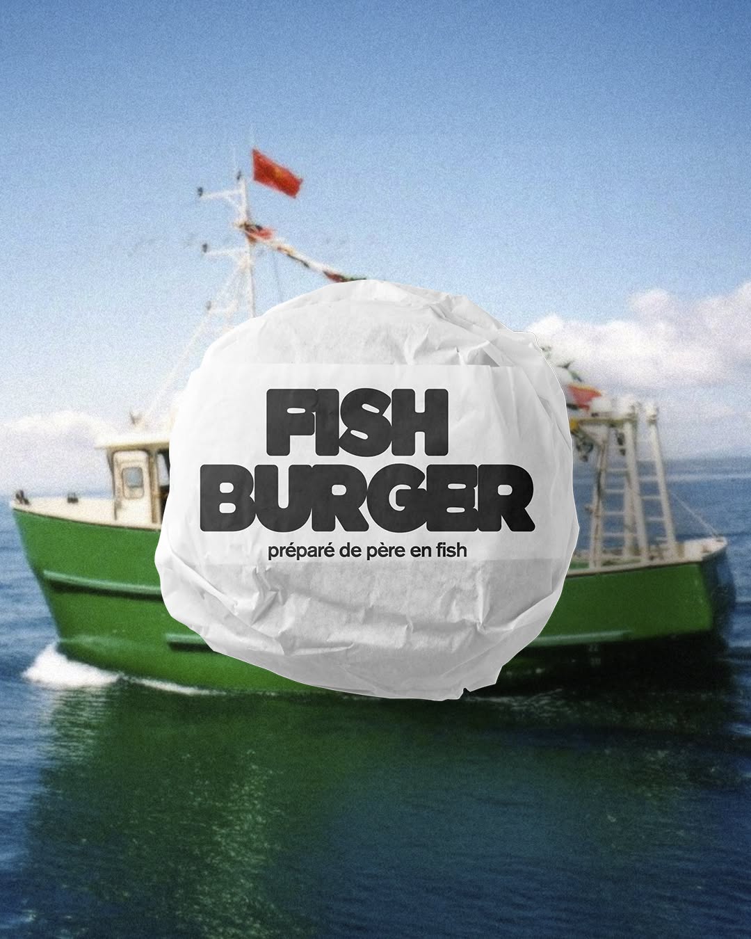 Instagram post: Fish burger wrapped like boat cargo