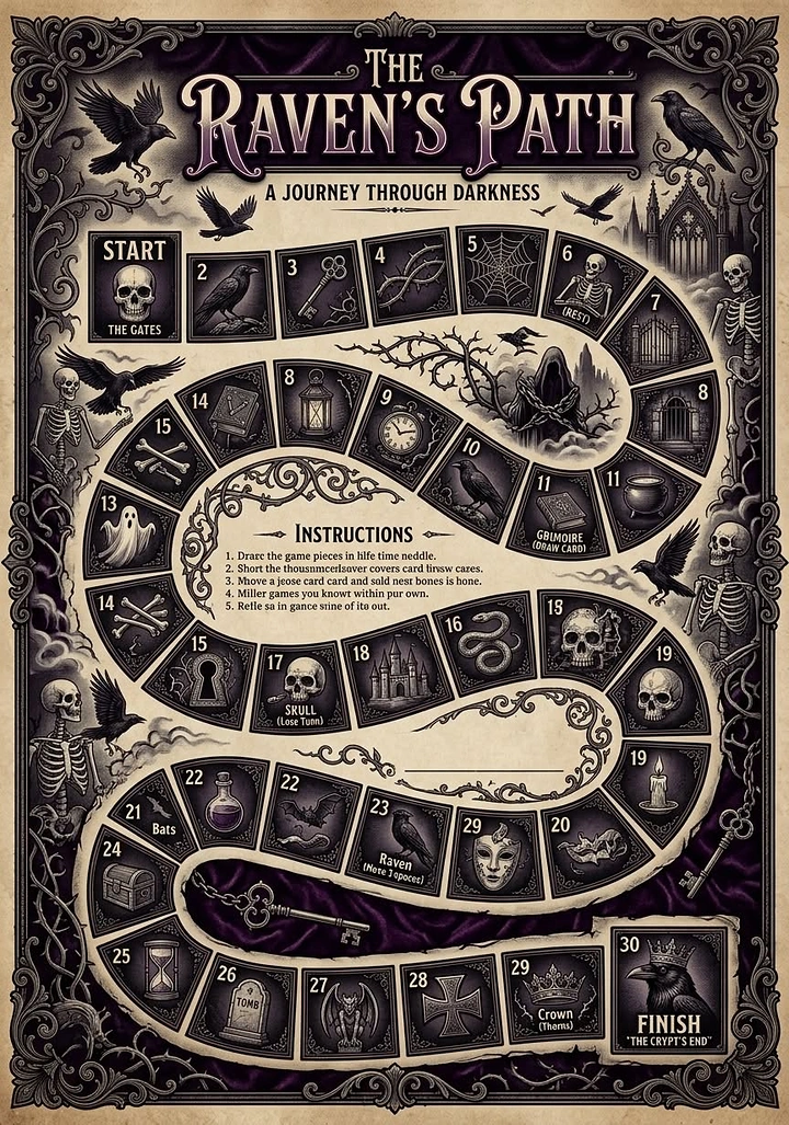 Board Games & Game Cafes creative ad: Darkness-themed journey board-game path