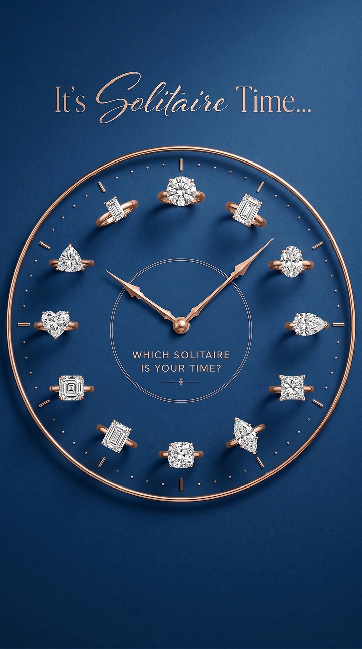 Jewellery creative ad: Clock face with twelve solitaire rings as hour markers