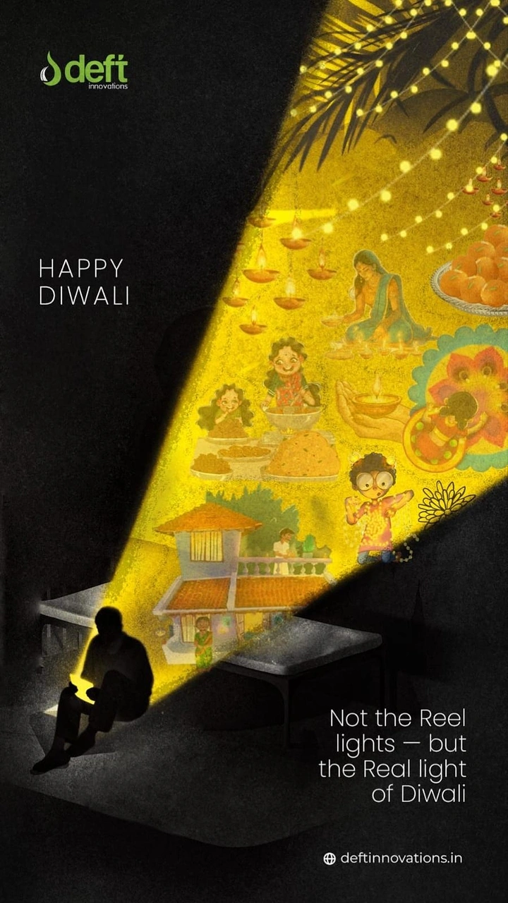 Diwali creative ad: Silhouetted man on a phone lit by a light beam filled with illustrated Diwali memories