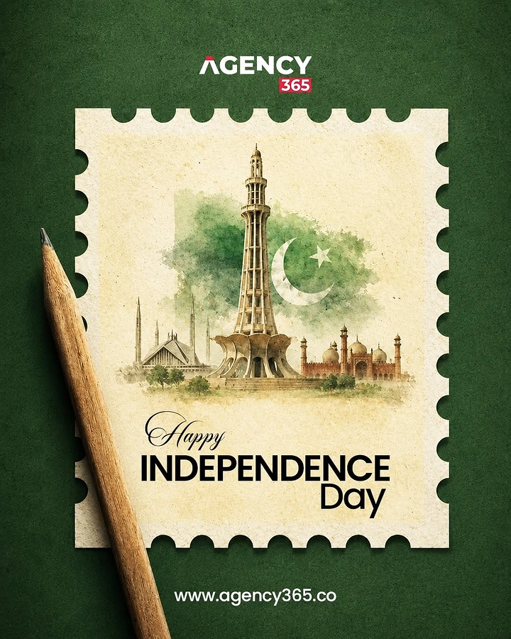 Independence Day creative ad: Watercolour postage stamp of Minar-e-Pakistan with a pencil