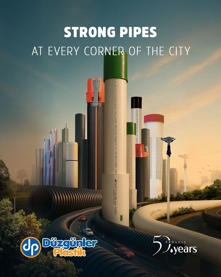 Plumbers creative ad: City skyline built from upright pipes with corrugated pipes as highways
