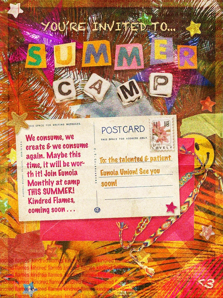 Summer Camps & Kids Activities creative ad: Scrapbook collage with a vintage postcard over palm leaves and letter-bead title