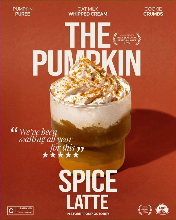 Soft Drinks & Beverages creative ad: Layered pumpkin spice latte in glass with whipped cream