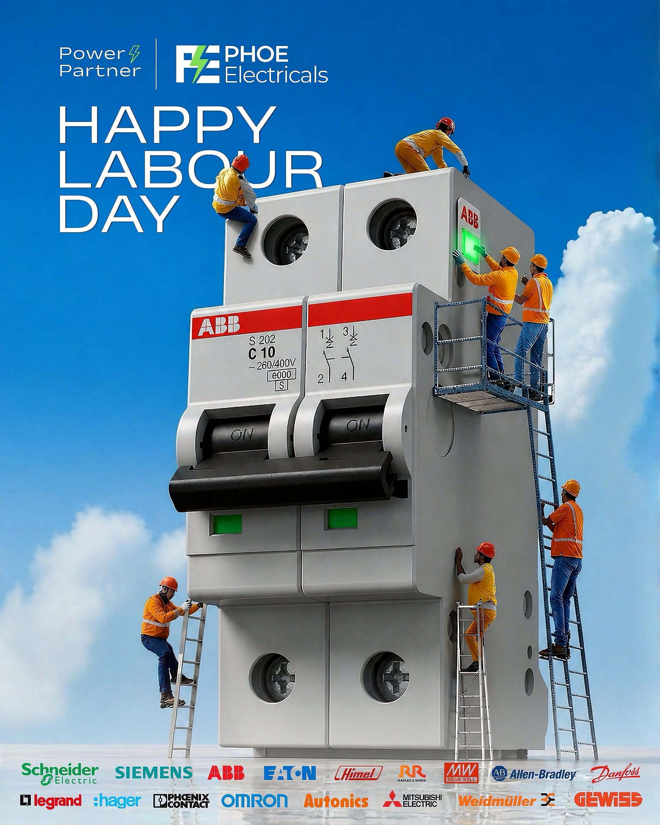 Instagram post: Workers scaling giant circuit breaker for Labour Day