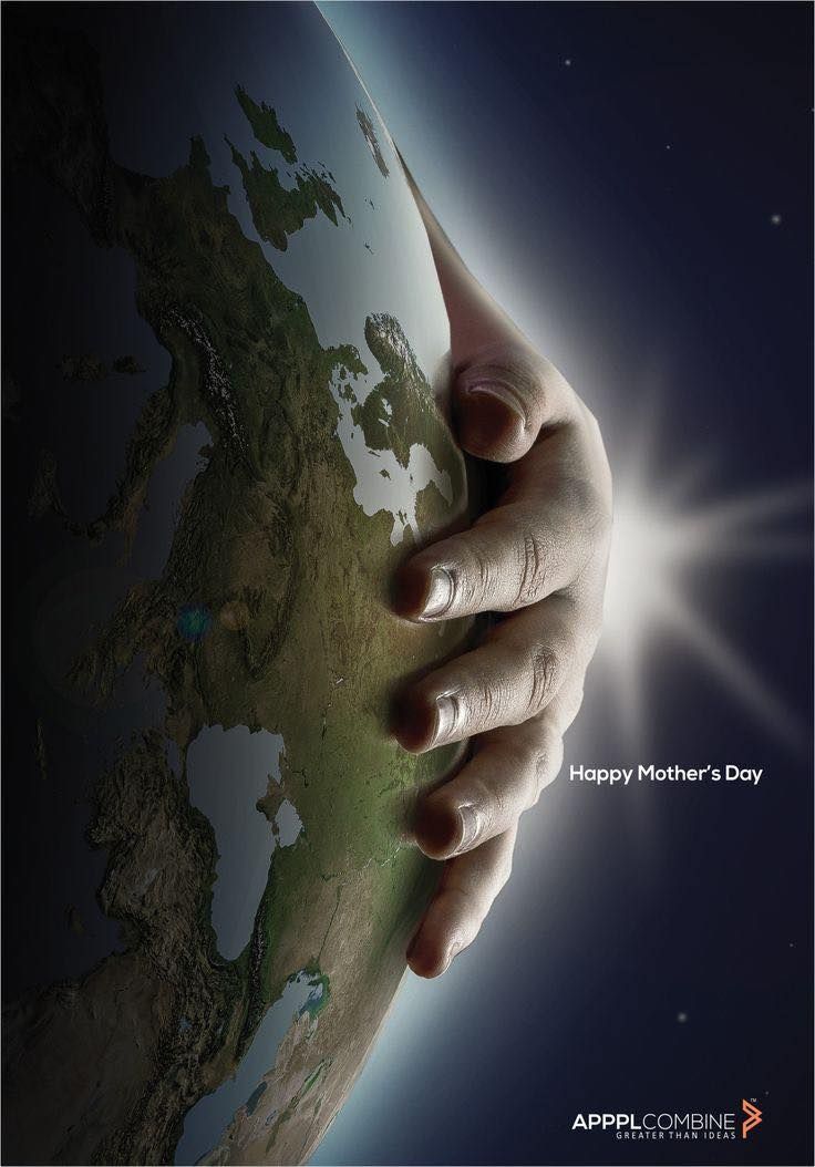 Giant hand cradling planet Earth like a mother holding a pregnant belly