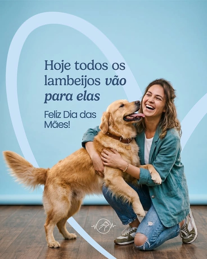Mother's Day creative ad: Laughing woman hugging a golden retriever that licks her face