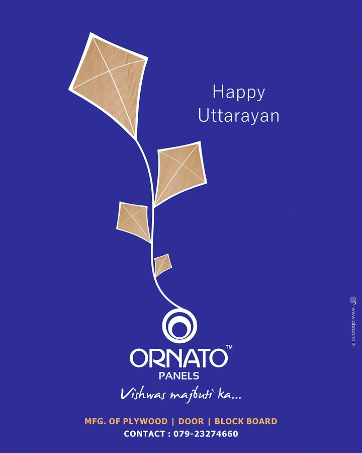 Makar Sankranti creative ad: Four wood-veneer kites on one string that flows into the logo