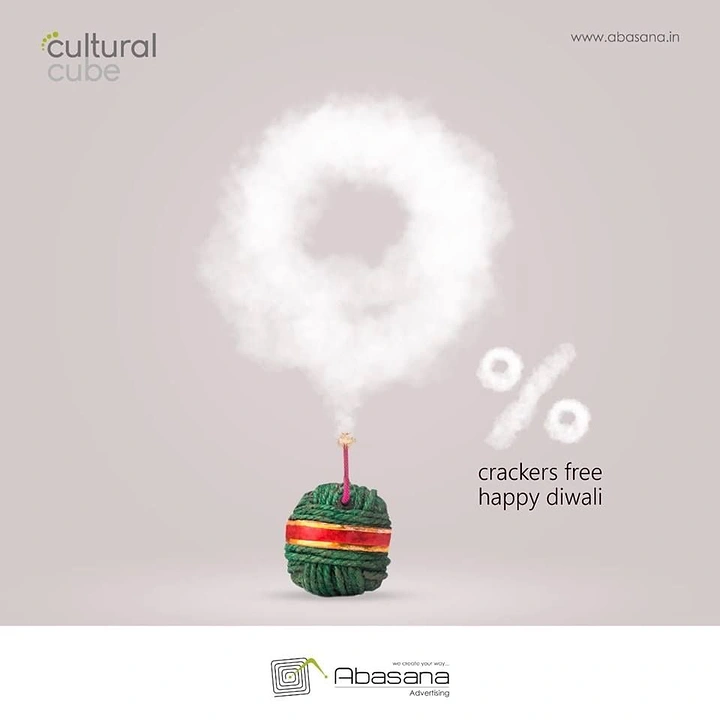 Diwali creative ad: Green string bomb cracker emitting smoke forming a 0%