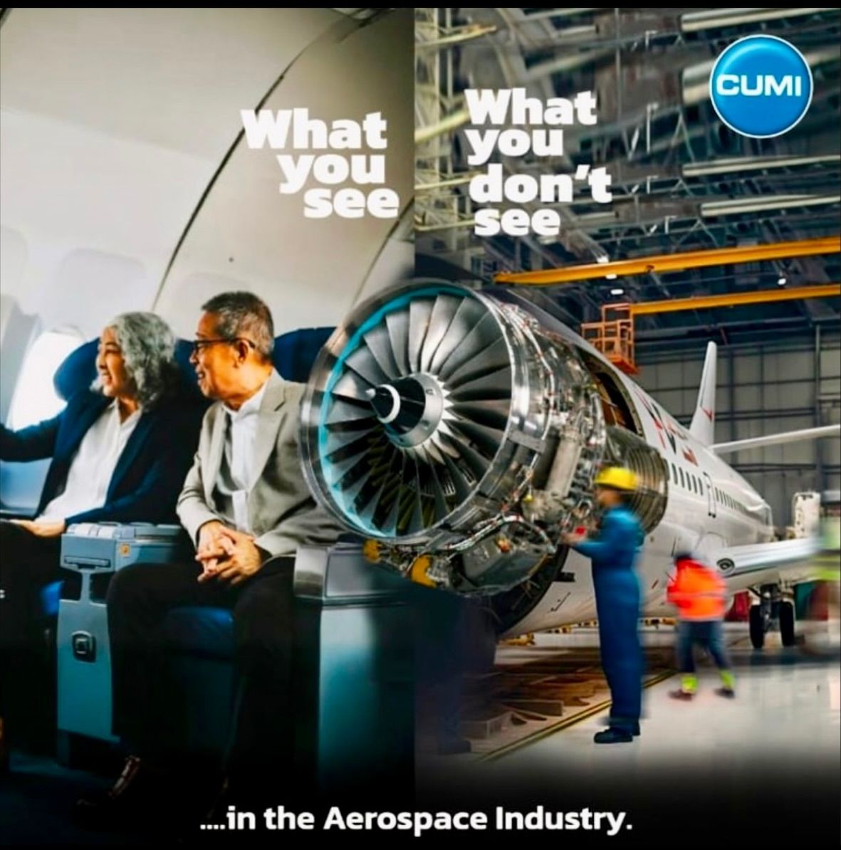 Instagram post: Split scene: passengers in a cabin vs an exposed jet engine in a hangar