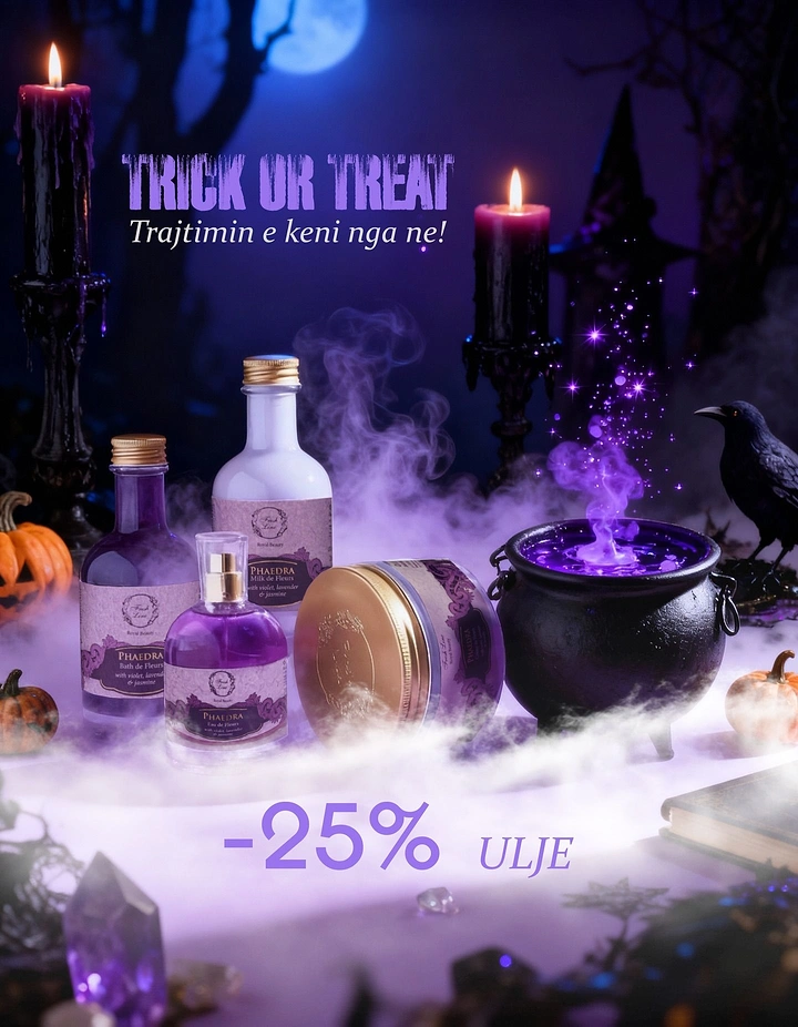 Halloween creative ad: Lavender beauty product bottles beside a bubbling witch cauldron