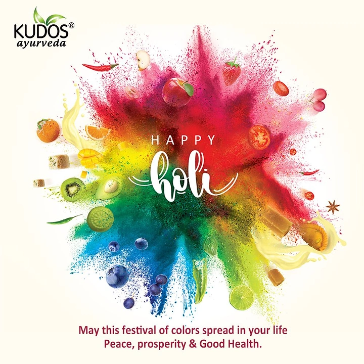 Holi creative ad: Rainbow colour powder burst with flying fruits and vegetables
