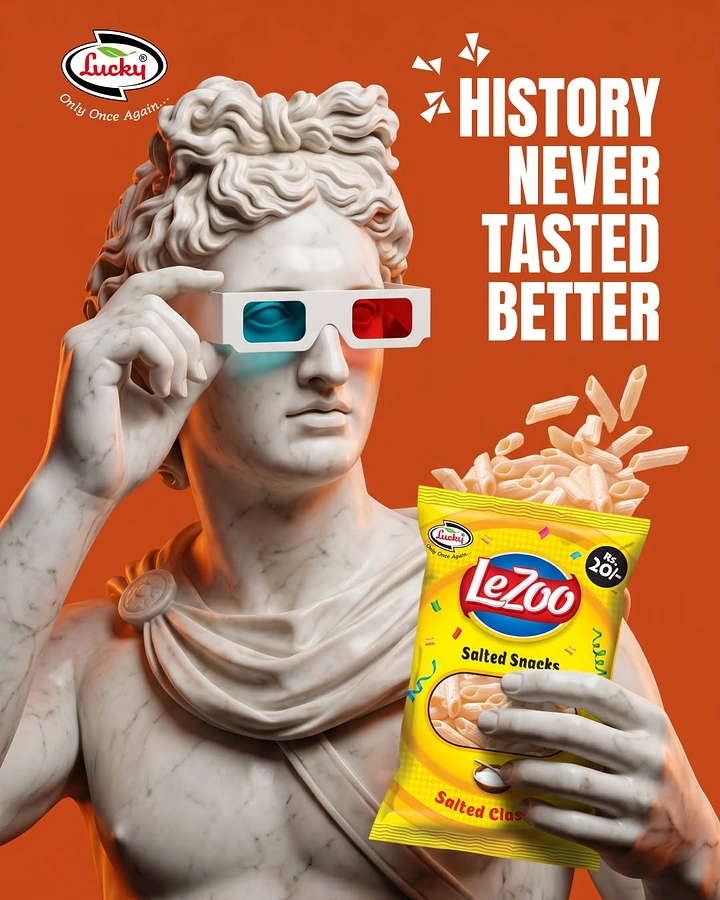 Creative ad: Classical marble statue wearing 3D glasses holding a snack pack